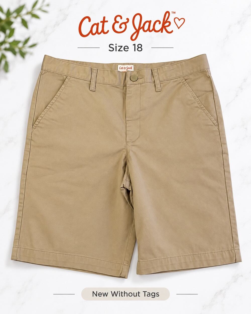 Cat & Jack Boys Khaki Chino Shorts Size 18 Tan Stretch Cotton NWOT